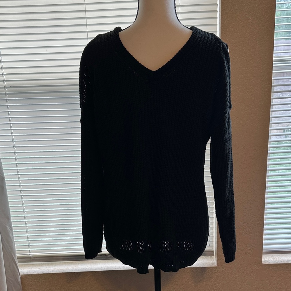 Ambiance Black Cold-Shoulder V-Neck Sweater - Picture 3 of 5